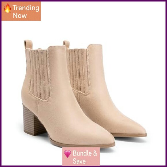 Women's Chunky Heel Ankle Boots Pointed Toe Slip On Fall Shoes - Picture 5 of 7